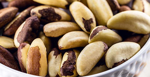 bowl with shelled Brazil nuts, also called bolivian nuts or Pará nuts, a typical culinary ingredient in the Amazon