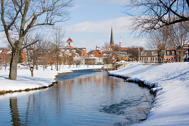 Snowy Frederick Maryland Park and Flowing Creek stock photo