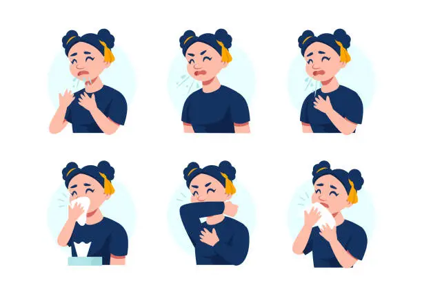Vector illustration of Vector of a girl sneezing and coughing wrong and correct ways of doing it. Medical poster, advice on how to sneeze properly
