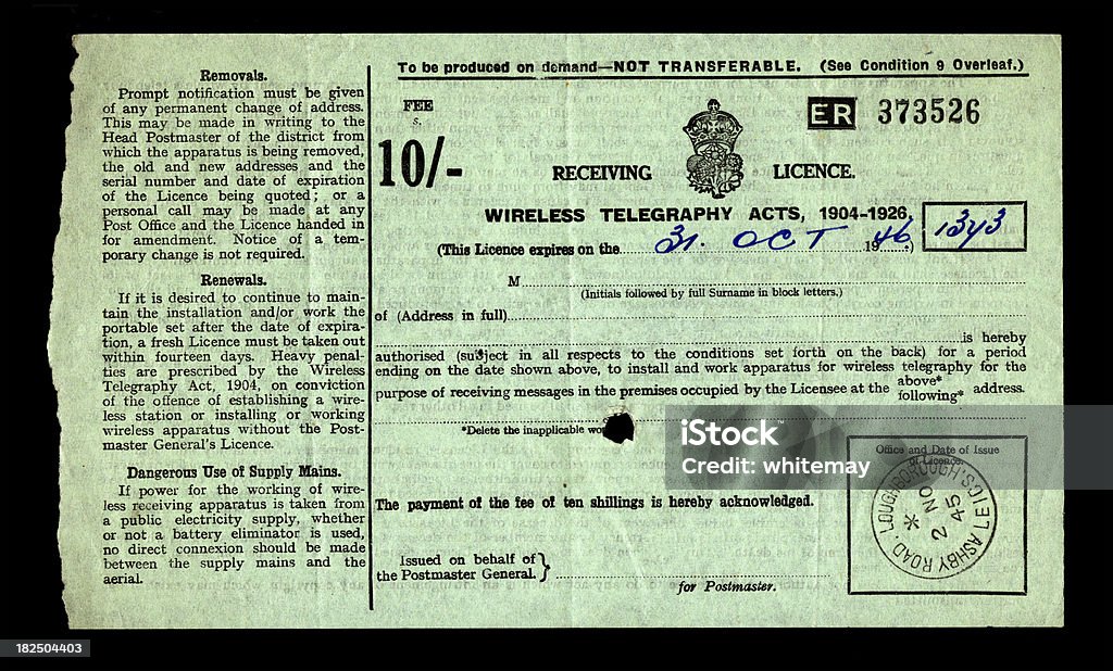 British inalámbrico telegraphy (radio) licencia desde 1945/6 - Foto de stock de Radio - Electrónica de audio libre de derechos