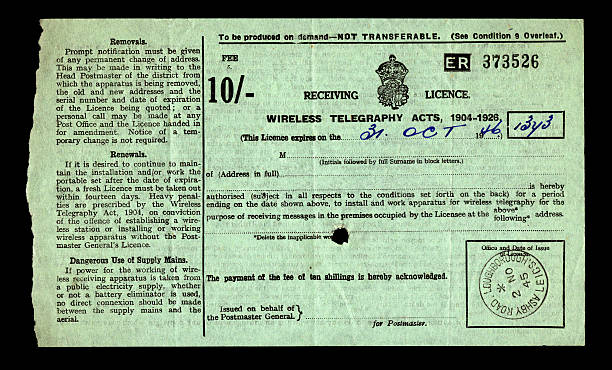 British wireless telegraphy (radio) licence from 1945/6 An old British wireless receiving (radio) licence dated 1945/6. All identifying data removed. 1945 stock pictures, royalty-free photos & images