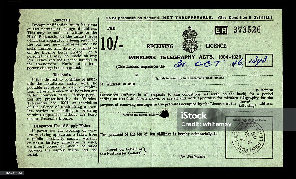 British wireless telegraphy (rádio) certificado de 1945/6 - Royalty-free Rádio - Aparelhagem de Áudio Foto de stock