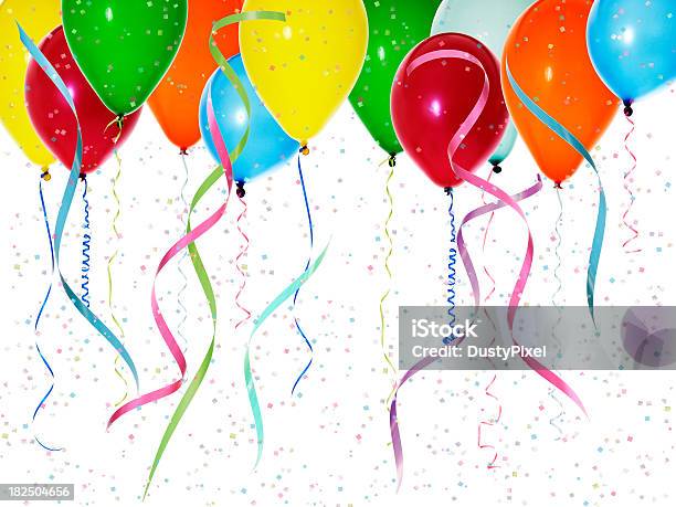 Coloridos Balões Com Confete - Fotografias de stock e mais imagens de Balão - Enfeite - Balão - Enfeite, Serpentina, Confete