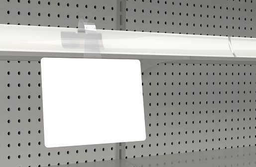 Blank shelf sign wobbler on 3D store shelves. Great for mocking up retailer displays and signage. Clean clipping path for sign face.