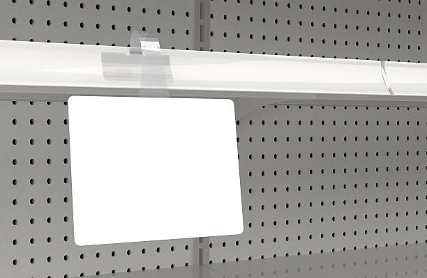 Blank wobbler attached to a retail store shelf Blank shelf sign wobbler on 3D store shelves. Great for mocking up retailer displays and signage. Clean clipping path for sign face. market retail space stock pictures, royalty-free photos & images