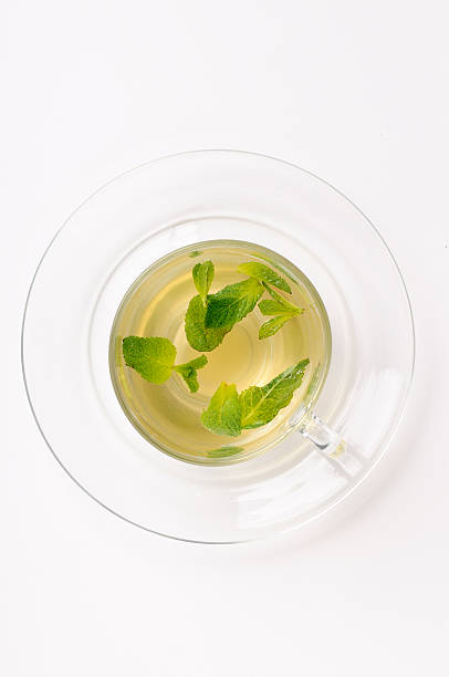 Mint tea in hot water on white