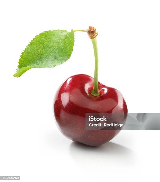 Cherry Single With Leaf Stock Photo - Download Image Now - Cherry, White Background, Cut Out