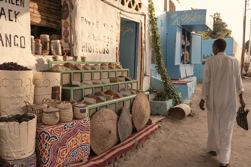 Small authentic market in the Nubian village at Elephantine island Aswan Upper Egypt