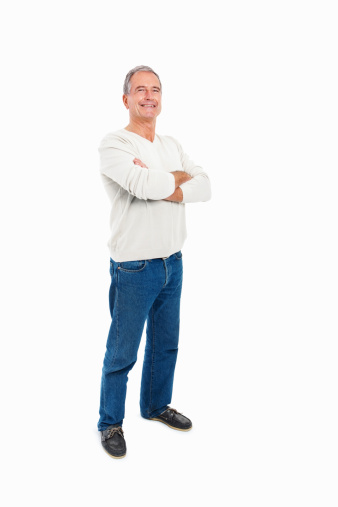 Portrait of a senior man smiling against white background