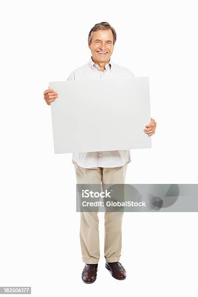 Happy Mature Man With A Blank Signboard Isolated On White Stock Photo - Download Image Now