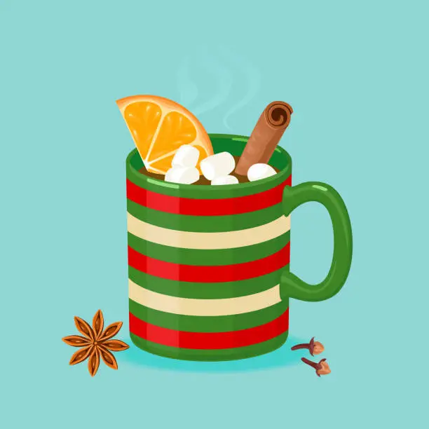 Vector illustration of Hot chocolate with marshmallows, cinnamon stick and orange slice in bright striped cup. Winter Christmas cartoon illustration. Cocoa in beautiful mug.