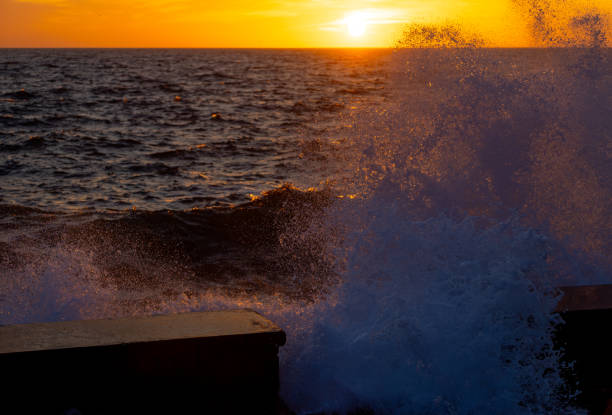 Sea waves splash with sunset background.