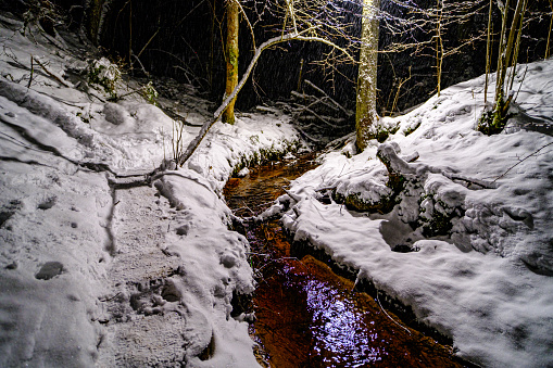 illuminated river at night in the forest. river in the forest in winter. it is snowing in the forest