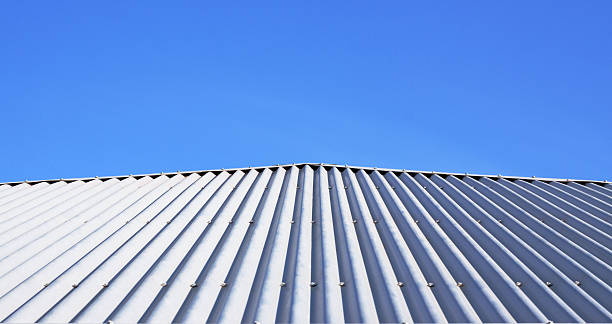 telhado de metal pele enrugada e céu azul - metal roof - fotografias e filmes do acervo