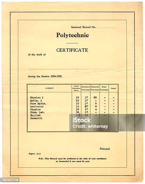 British Polytechnic Certificado Con Los Grados 1935 Foto de stock y más banco de imágenes de Informe escolar