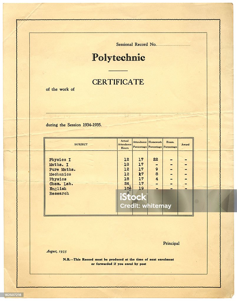 Британский Политехнический сертификат с сплавов, 1935 - Стоковые фото Табель успеваемости роялти-фри