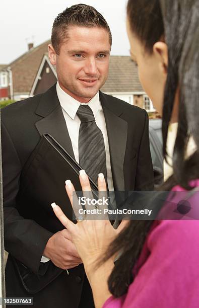 Woman Saying No To Salesman Stock Photo - Download Image Now - Adult, Assertiveness, Bossy