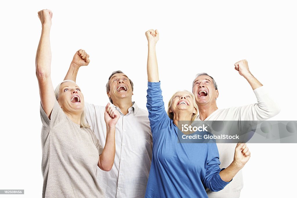 Aufgeregt alte Menschen, die Anhebung der Hände in Freude auf Weiß - Lizenzfrei 50-54 Jahre Stock-Foto