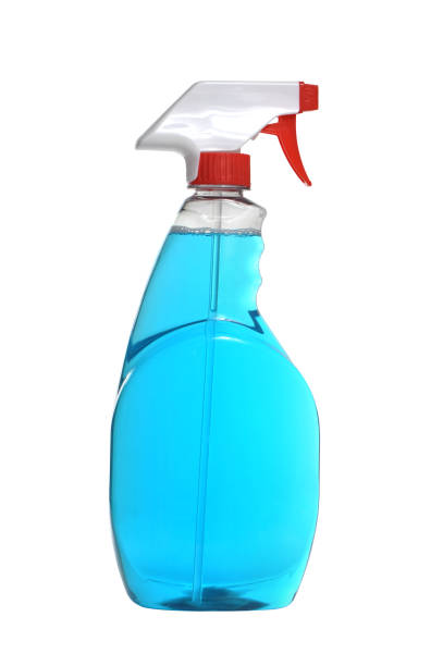 Blue Household Glass Cleaner Spray Bottle Isolated on White Background stock photo