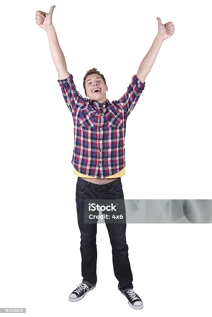 Isolé casual homme bras et les pouces en l'air - Photo de Acclamation de joie libre de droits