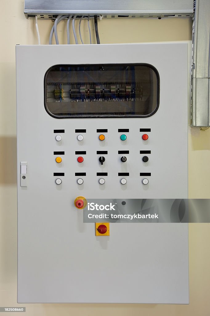 Electricity Electrical Panel junction on the exterior of an industrail building. Amperage Stock Photo