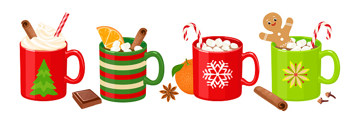 Hot chocolate with marshmallows, gingerbread man and candy cane. Set of festive bright cups with cocoa and spices. Christmas cartoon illustration of sweet winter drinks.