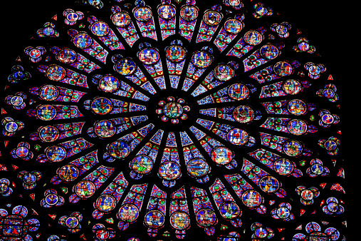 Stained glass rose window at Notre Dame de Paris, France