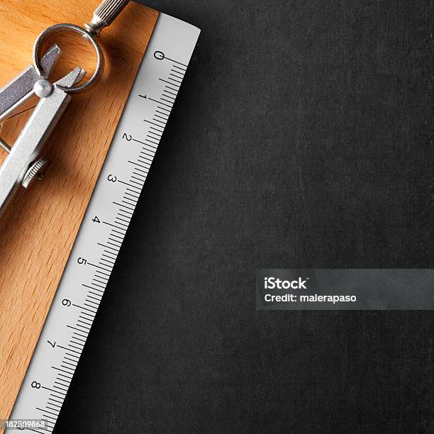 Education Blackboard With Ruler And Compass Stock Photo - Download Image Now - Announcement Message, Black Color, Centimeter