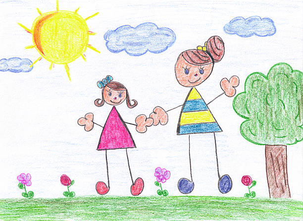 ilustrações, clipart, desenhos animados e ícones de mãe e filha de desenho do lado de fora - childs drawing