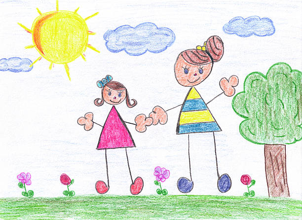 мама и дочь рисунок за - child art childs drawing painted image stock illustrations