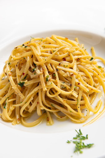 Butter and Garlic Spaghetti on white background