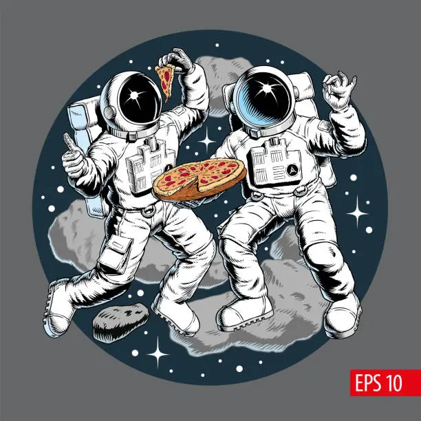 Vector illustration of Astronauts with pizza in the outer space, stars and asteroids in background. Pizza delivery or pizzeria concept vector illustration