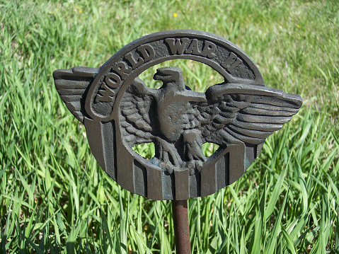 USA World War II veteran brass eagle grave marker set in the grass near the headstone on a cemetery.