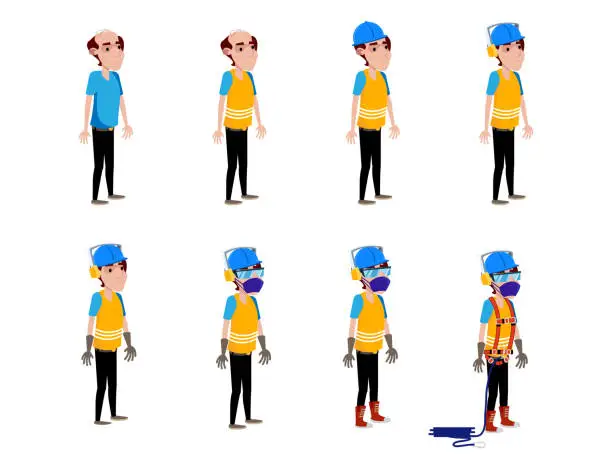 Vector illustration of Articulated character using personal protective equipments - PPE. safety vest, rope, ear muff, eye protection, hard hat, protective gloves, safety boots, mask, climbing rope. File prepared for motion graphics.