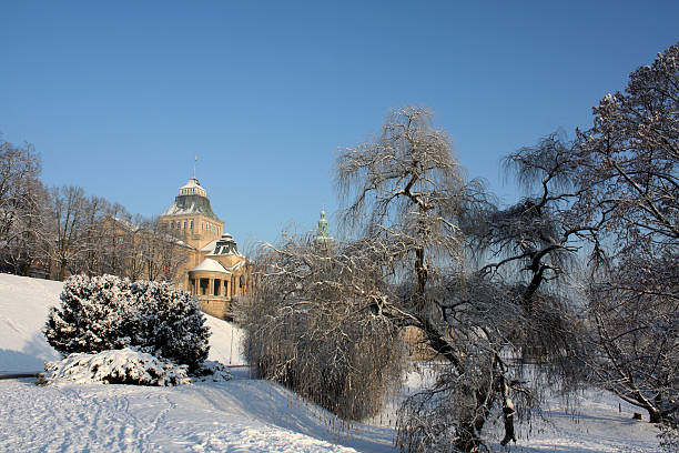 Shafts Brave Park in winter with an old palace  in background, Szczecin, Poland. One of the most beautiful places in Poland. Terraces are 500 meters long and lies 19 meters above the bank of Odra River.