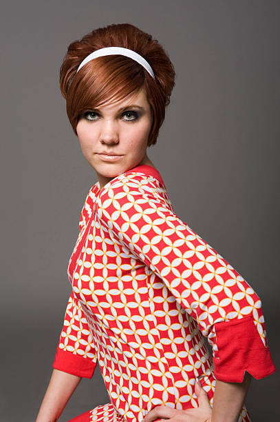Retro portrait with a woman in a short haircut and red shirt stock photo