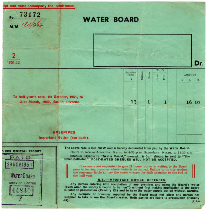 An old British receipted water bill (counterfoil missing) dated 1951. All identifying data removed.
