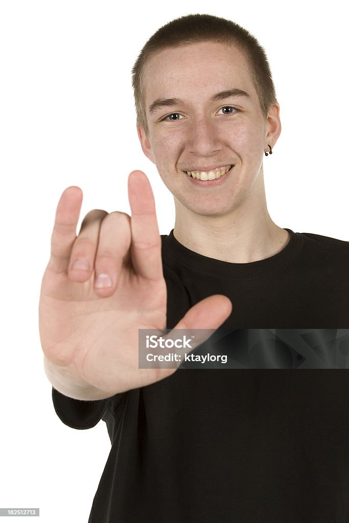 Teen using love sign "Teenager with blank, black tshirt using the I love you sign" 16-17 Years Stock Photo