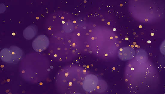 Purple Festive abstract Background with bokeh lights. Holiday Background with golden confetti. Texture for design for flyer, web banner to Christmas, party, anniversary. Beautiful celebrate Wallpaper