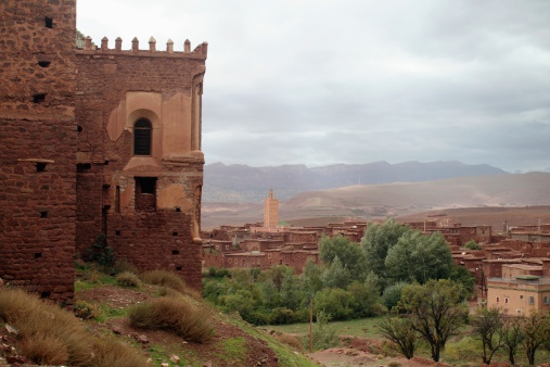 The village of Telouet, in the Atlas Mountains and a corner of its old Casbah; Marrakesh area, Morocco.