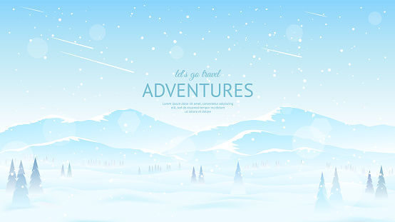 Winter landscape with snow. Snowy mountain peaks, snowfall. Clear frosty day. Winter hiking, extreme tourism. Design of poster, flyer, banner, web background. Vector illustration.
