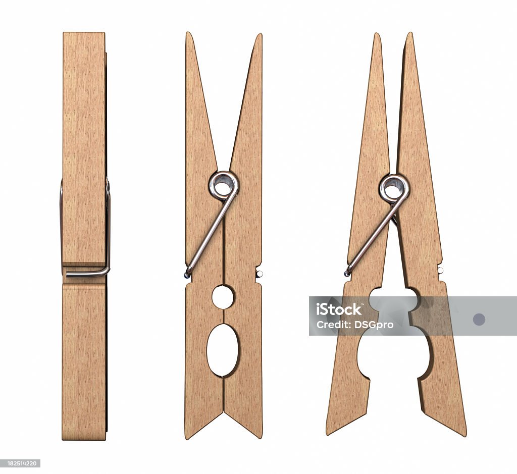Three views of a wooden clothes pin with metal detailing Wooden Clothes Pins isolated on white. Clothespin Stock Photo