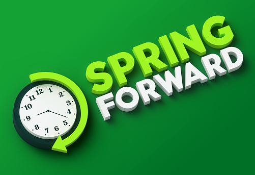 Spring forward daylight saving time 3D render design.