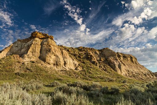 Dramatic sky and coulee in Dinosaur Provincial Park, Alberta, Canada.