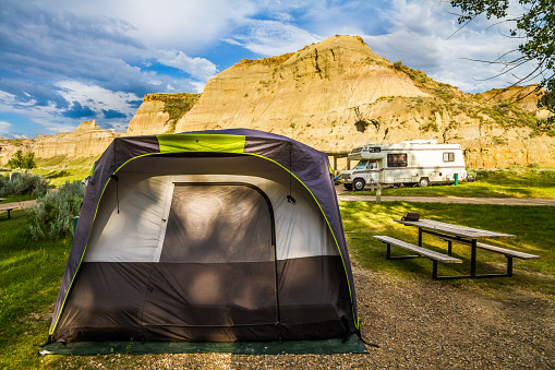 Tenting and camping sites in Dinosaur Campground of Dinosaur Provincial Park, Alberta, Canada.