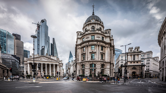 Royal Exchange, Bank of England and new modern skyscrapers in London, UK - Europe