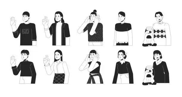 Vector illustration of Casual asians black and white 2D line cartoon characters set