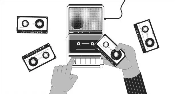 Vector illustration of Inserting cassette tape into player black and white lofi wallpaper
