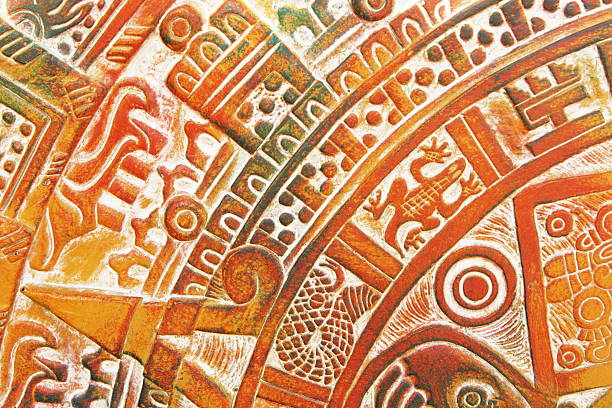 Close up view of Aztec ceramic tile design in brown stock photo
