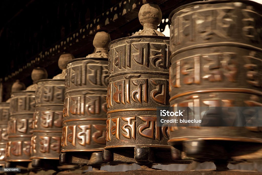 Tibetan prayer wheels "Prayer wheels, monkey temple, Kathmandu, Nepal" Buddhism Stock Photo
